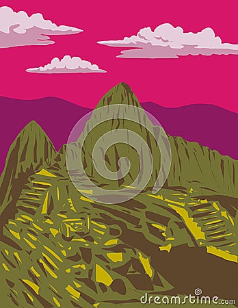 Machu Picchu Lost City of the Incas in Machupicchu District Peru WPA Art Deco Poster Vector Illustration