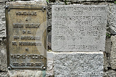 Plaque commemorating the 50th anniversary of the discovery of Machu Picchu. Editorial Stock Photo