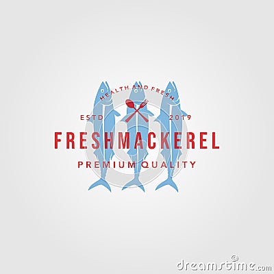 Mackerel fish logo overlapping vintage label packaging vector seafood illustration Vector Illustration