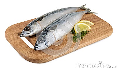 Mackerel fish on wooden plate isolated Stock Photo