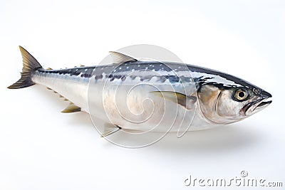 Mackerel on White Background, which exudes the freshness and aroma of the sea. Stock Photo