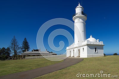 Macquarie Lighthouse - oblique view, with the Keeper's Cottage, New South Wales, Australia Stock Photo