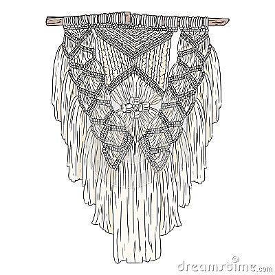 Macrame bohemian style wall hanger doodle. Textile knotting design element. Simple mono linear modern indigenous knotwork image Vector Illustration
