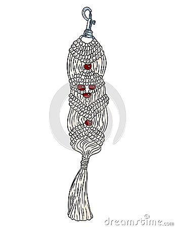 Macrame boho style keychain. Textile knotting design charm. Llinear modern indigenous macrame element Vector Illustration