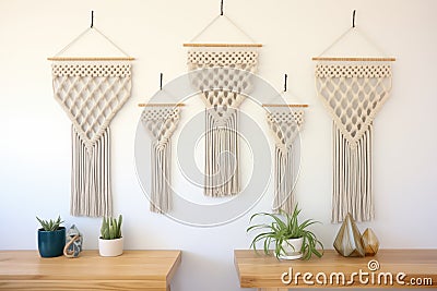 macrame wall hangings displayed in a row Stock Photo