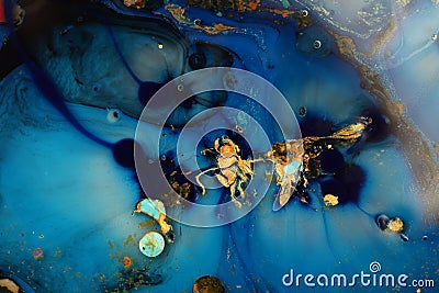 Macro Abstract blue color marble texture background. Acrylic color in water and oil Stock Photo