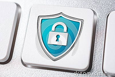 Macro Of A Blue Lock And Shield Security Icon On A Keyboard Button Stock Photo