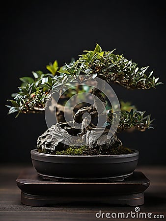 Macro Bonsai plants close up in dark background Stock Photo