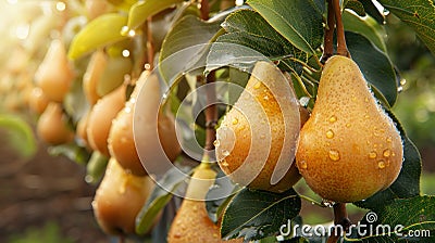 Macro close up of dewy pear hanging on tree, wide banner with ample copy space for text placement Stock Photo