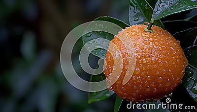 Macro close up of fresh orange fruit on tree with dew drops, ideal for banner with copy space Stock Photo