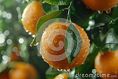 Macro close up of fresh orange fruit on tree with water droplets, wide banner with copy space Stock Photo