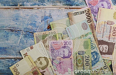 Hungarian forint banknotes and Ukrainian hryvnias currency money Stock Photo