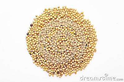 Macro close-up of Organic Mustard seed Sinapis alba on white background. Pile of Indian Aromatic Spice. Stock Photo