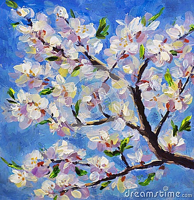 Macro close-up spring flowering branch of an apricot tree on background of blue sky. Plein Air oil painting White flowers on branc Stock Photo