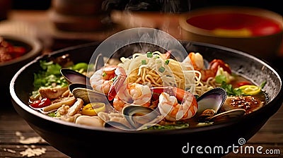 macro close up of steaming bowl authentic ramen combination of fresh seafood and delicious meat captured in bright colors Stock Photo