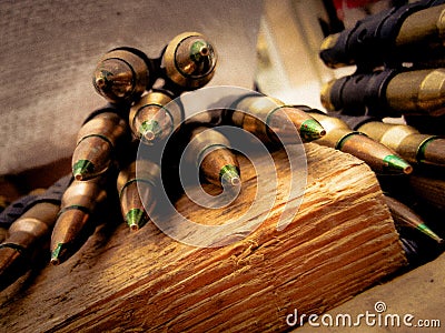 A macro close up view of a row of regular army brass and copper bullets. Stock Photo