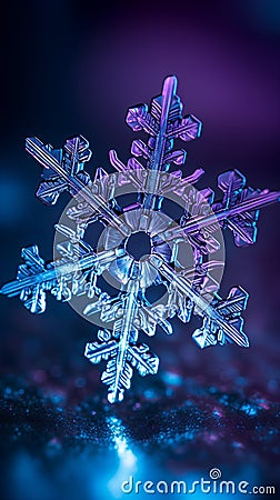 Macro closeup of beautiful snowflake on shiny background, 3D rendering Stock Photo