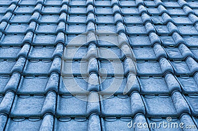 Macro closeup of icy rooftop tiling covered in snow crystals, cold winter season, architecture background Stock Photo