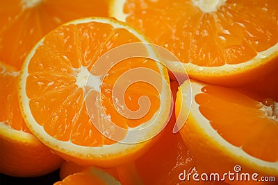 Macro closeup Mandarin orange slices, bursting with juicy, vibrant goodness Stock Photo