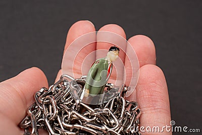 Macro closeup shot of a person`s palm holding a miniature male figurine wrapped in silver chains Stock Photo