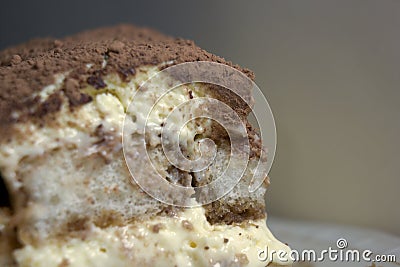 Macro closeup shot of a piece of Cake tiramisu with brown chocolate sprinkle macro for an interesting background similar to a Stock Photo