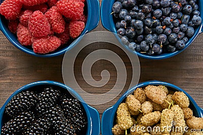 Macro closeup from the top. four bowls with berries Stock Photo