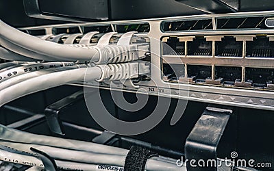 Macro communication rack photo, data wiring jacks Stock Photo