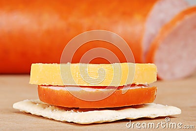 Macro cracker with cheddar cheese and kielbasa Stock Photo