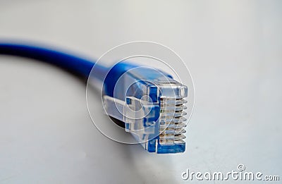 Macro cross section front angle view of blue RJ45 CAT6 shielded network data internet cable connector on gray, copyspace Stock Photo