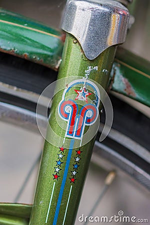 Macro detail of a green fork on a retro vintage bike Editorial Stock Photo