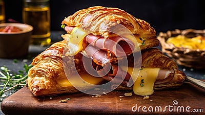 Macro detail shoot of ham and melted cheese croissant on a wooden board Stock Photo