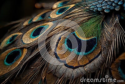 Macro Detailed Feathers on the Wing of Peacock. Soft Focus Detailed Macro Close Up Background. Generative AI Stock Photo