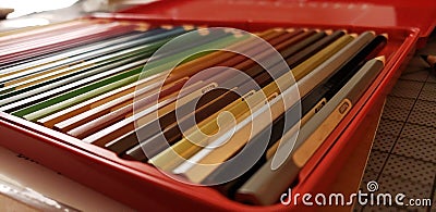 Macro display alignment of colored pencils in neatly ordered assortment Stock Photo