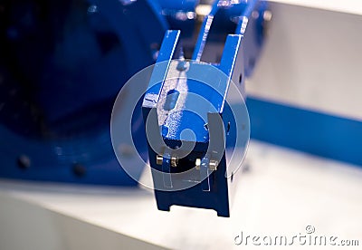 MACRO, DOF: Sharp machine cutter carves a thread into a small metal rod during threading process. Detailed view of fine threading Stock Photo