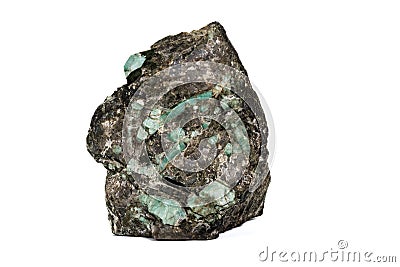 Macro emerald stone mineral in rock on white background Stock Photo