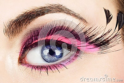 Macro of eye with fake eyelashes. Stock Photo