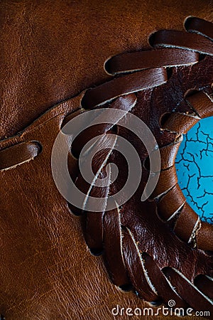 Macro fragment of a leather bag or purse. Handmade, texture background. Stock Photo