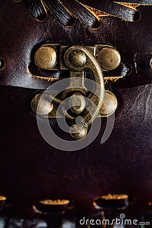 Macro fragment of a leather bag or purse. Handmade, texture background. Stock Photo