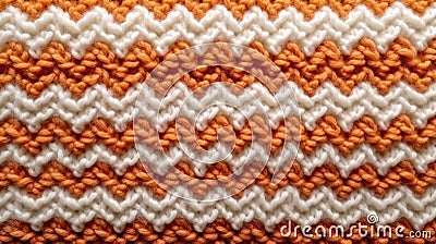 Macro image of a close-up texture of a knitted pattern, white, cream and orange colors filling the frame Stock Photo