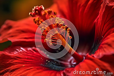 A macro image of a crimson hibiscus bloom. Generative AI Stock Photo