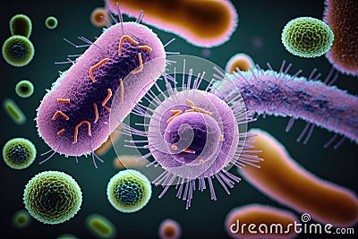 Macro image of different pathogens : Virus, bacteria, microbes - AI Generated Stock Photo