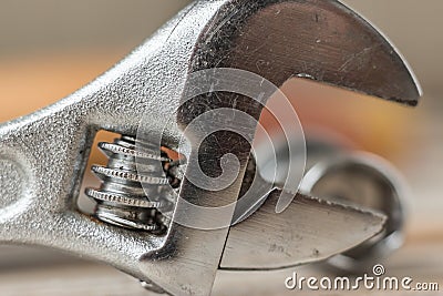 Macro image of the head of a hand wrench Stock Photo