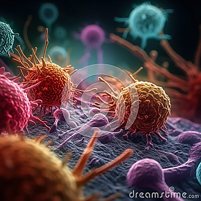 macro image of viruses and bacteria in tissues, colorful vivid background microbiological microlife, macro bokeh depth of field Stock Photo