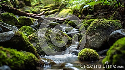 Serene Mountain Stream Amidst Lush Greenery Stock Photo