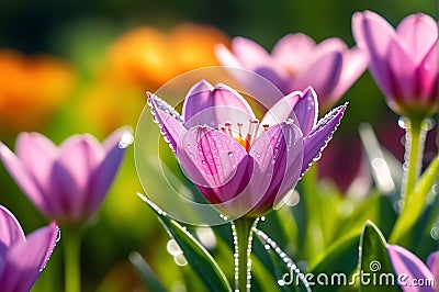 Macro Lens Photo of Dew-Kissed Flowers - Vibrant Petals Occupying Central Third of the Frame, Juxtaposed Elegance Stock Photo