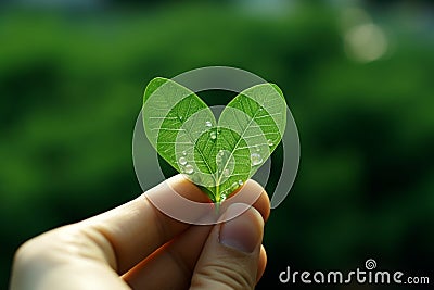 Macro love fingers hold heart shaped Capsella leaf, symbolizing eco lifestyle Stock Photo