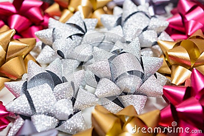 Macro of many holiday bows with macro Stock Photo