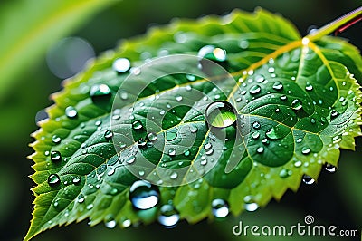 Macro Marvel: Precarious Raindrop Suspended on the Edge of a Vibrant Green Leaf Stock Photo