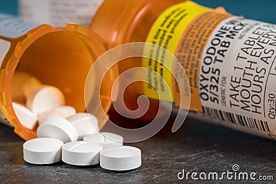 Macro of oxycodone opioid tablet bottle Stock Photo