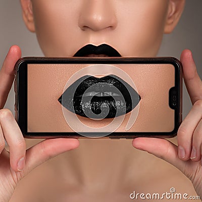 Macro perfect lip makeup. Macro photo face details Stock Photo